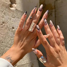 Bufenia 24 Pieces False Nails Simple Lines Medium Length Ballerina French Lace Press On Full Cover Stick on Nails for Women and Girls (C)