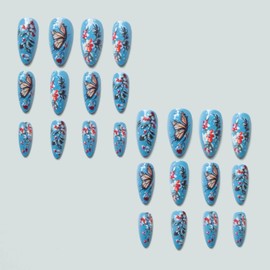 Press on Nails Almond Stiletto Heel Fake Nails with Flower Butterfly Designs Spring Summer Nails Glue Nails Glossy Blue Brown Acrylic Full Cover Nails False Nails Tip Stick on Nails for Women 24PCS