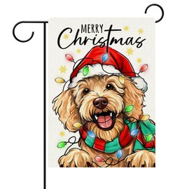 Stosts Merry Christmas Goldendoodle Dog Decorative Garden Flag, Xmas Pet Yard Outside Home Decor Dog Lovers Gift, Winter Holiday Burlap Outdoor Small Decoration Double Sided 12 x 18