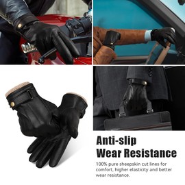 OZERO Mens Winter Gloves: Nappa Leather Warm Cashmere Lined Touchscreen Texting Driving Motorcycle Gloves - Thermal Gifts for Dad or Husband - Black,L