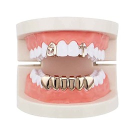 canjoyn 2 Single Heart Cross Shape Top Grillz Teeth and 6 Bottom Set Hip Hop Grillz Vampire Fangs Grillz Cosplay Accessory, Rosegold, One Size
