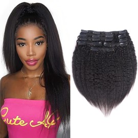 Kinky Straight Clip-In Real Hair Extensions, 8 Pieces, 120 g, Invisible Real Hair Wig Extensions, Clip-In Natural Black Clip Ins for Black Women, 22 Inches, 18 Clips