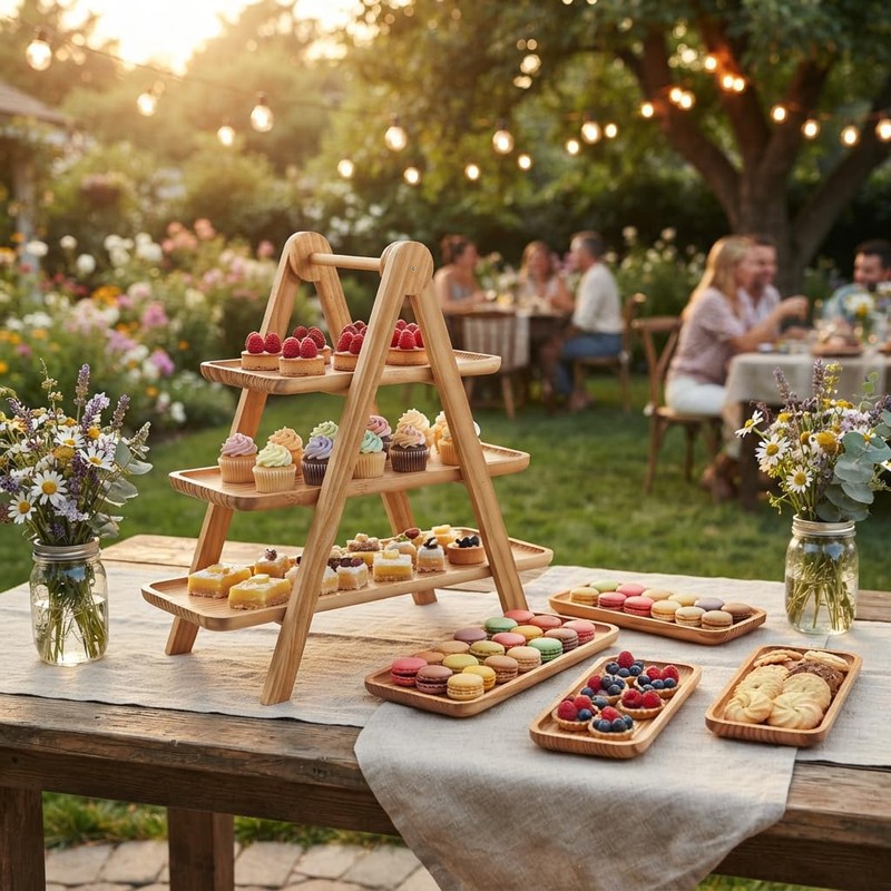 3 Tier Foldable Cupcake Stand, Rectangle Wooden Serving Tray, Farmhouse