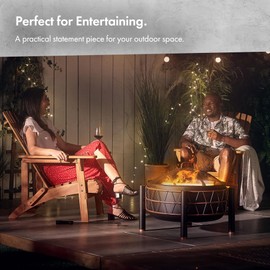 VonHaus Fire Pit – 2 in 1 Firepit with BBQ Cooking Grill for Outdoor, Garden, Patio – Black Steel with Copper Detail, Fire Poker & Mesh Cover Included – Use Wood or Charcoal to Fuel