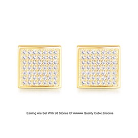 Charlinliol Hiphop Iced out 925 Sterling Silver with Prong Setting 49 CZ Stones 18K Gold Plated Square-Shaped Ear Studs For Men and Women