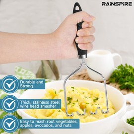 Rainspire Potato Masher Stainless Steel, Mashed Potato Masher Kitchen Tool, Durable Mash Potatoes Masher, Soft Non-slip Handle, Kitchen Utensils, Kitchen Gadgets (Black)