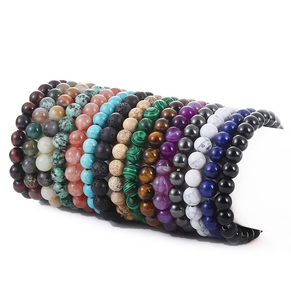 SONNYX 15 PCS 8mm Gorgeous Semi-Precious Gemstones Bracelets Round Beaded Bracelets for Women Men Stone Crystal Healing Stretch Beads Bracelet Unisex