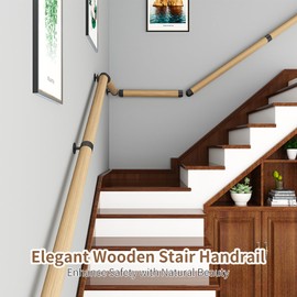 6FT Wooden Stair Handrails,Indoor Outdoor Hand Railings, Sturdy Wall Mount Support,Non-Slip Safety Handrail for Elderly, Children, and People with Physical Limitations