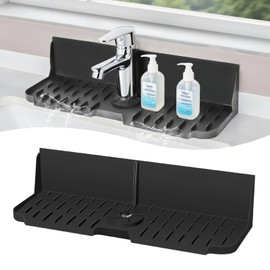 Silicone Kitchen Countertop & Sink Splash Guard, Silicone Sink Faucet Drying Mat, Faucet Mat for Kitchen Sink, 16.9” x 5.5’’ x 3.9’’ Splash Guard for Kitchen, Bathroom (Black)