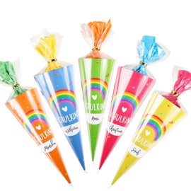 COLOFALLA Pack of 10 School Cone for Girls Boys Small Siblings School Cone School Child Rainbow Boho Sugar Bags for Filling Sibling Bag Decoration for First Day of School Farewell Gift