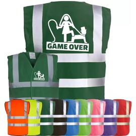 Corporate Togs GAME OVER Funny Hi Vis Vest, Stag Do Party Wedding Groom Printed Vest, Reflective Trim, Fully EN471 Health & Safety Compliant Gear, Small-XXXL | Safety Vests