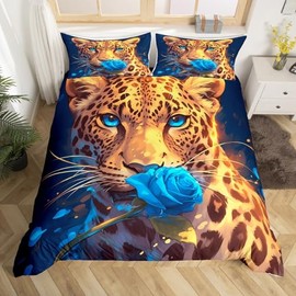 Feelyou Kids Leopard Rose Bedding Set Twin Size, Cheetah Print Comforter Cover Wild Animal Duvet Cover Boys Girls Safari Teens Bedspread Cover Room Decor Soft Quilt Cover 2Pcs (No Comforter)