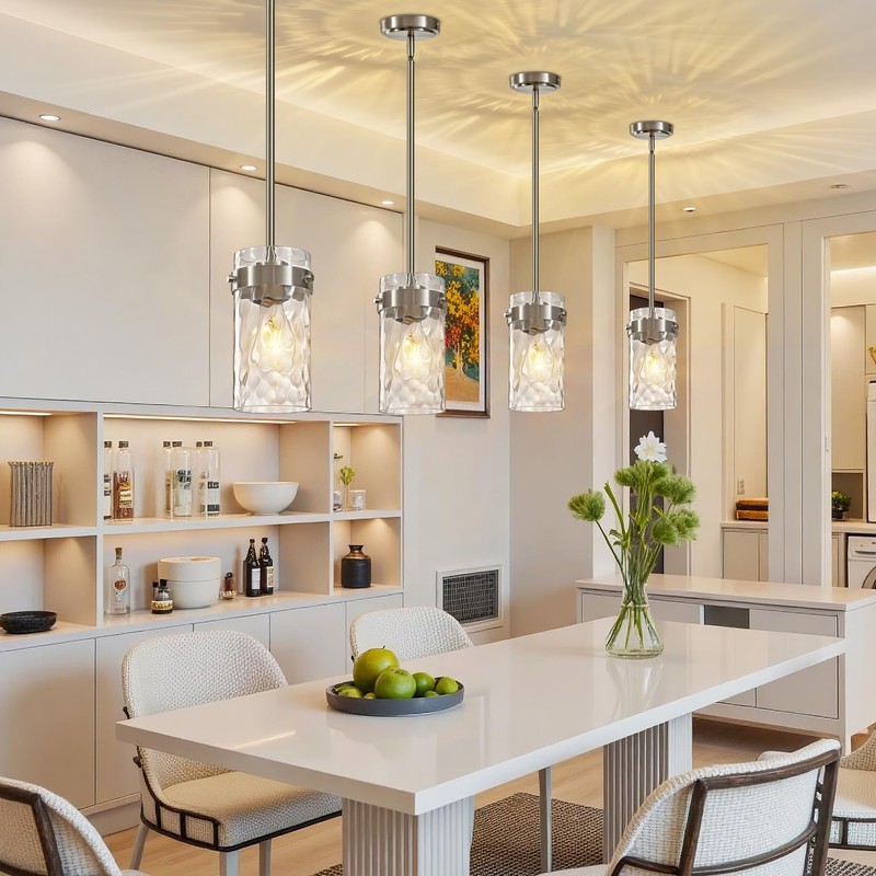 Brushed Nickel Pendant Lights Kitchen Island 4.72" Hammered Glass 2