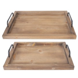 Besti Rustic Vintage Food Serving Trays (Set of 2) | Nesting Wooden Board with Metal Handles | Stylish Farmhouse Decor Serving Platters | Large: 15 x2 x11 - Small: 13 x2 x9 inches (Rustic Burnt)
