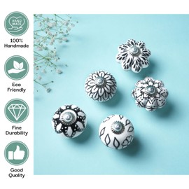 RAJRANG BRINGING RAJASTHAN TO YOU 10 Pcs Black and White Ceramic Knobs for Cupboard Dresser Drawer Furniture Handpainted Antique Boho Cabinet Pull Knob