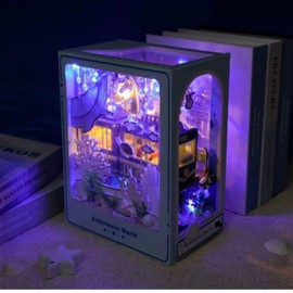 3D Puzzle Miniature House Kit Bookend Bookend LED Bookshelf Decoration Handmade Kit Assembly Wooden Puzzle Wood Craft Illustration (Illusion Underwater)