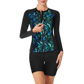 Women 3 Piece Swimsuits with Shorts Long Sleeve Bathing Suits High Neck Tankini Printed Multicolor Medium