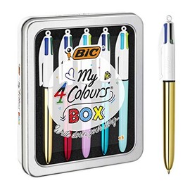 BIC 4 Colours Pens In A Special Metal Tin of 5 Pens, Includes mix of Shine and Bright Barrel Coloured Ink