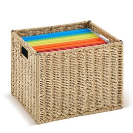 Jingmore Paper Rope File Box Organizers Collapsible Letter Size Filing Cabinet Woven Hanging File Basket Portable Decorative Document File Storage Box for Office/Decor/Home (Letter Size)