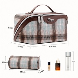 BOYATU Travel Makeup Bag for Women: Scottish Plaid 3 Pcs Set Cosmetic Organizer Bag - 180° Open Large Spacious Holds 50% More Cosmetics - Waterproof Leather Checkered Toiletry Bag (03-Beige)