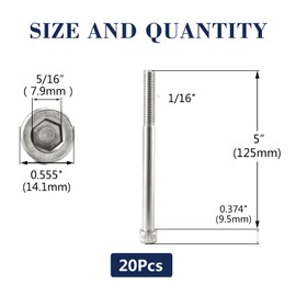 3/8-16 x 5 Socket Head Cap Screws Bolts, 20Pcs 304 Stainless Steel 18-8, Allen Socket Hex Drive, Partially Threaded, Bright Finish by SG TZH(with Hex Spanner)