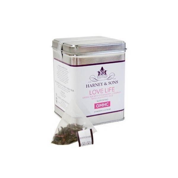 Harney & Sons Love Life Tea Tin - Green Tea with Strawberry, Coconut, Vanilla and Puffed Rice - Supporting GMHC - 1.44 Grams, 20 Sachets