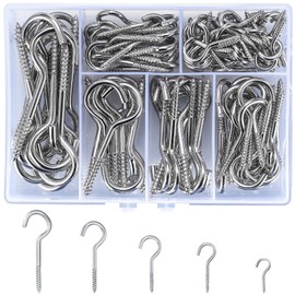 pzihao Pack of 115 Screw Hooks, Cup Hook Screw, Ceiling Hooks, Screw-In Hooks, Wooden Hooks with Wooden Thread for Hanging for Screwing - 5 Sizes, Silver