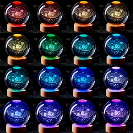 3D Solar System Crystal Ball Lamp,3.15 Inch K9 Crystal Ball Night Light with Wooden Base,16 Colors Changing with Remote Control,3D Planet Laser Engraving Holographic Light (Solar System)