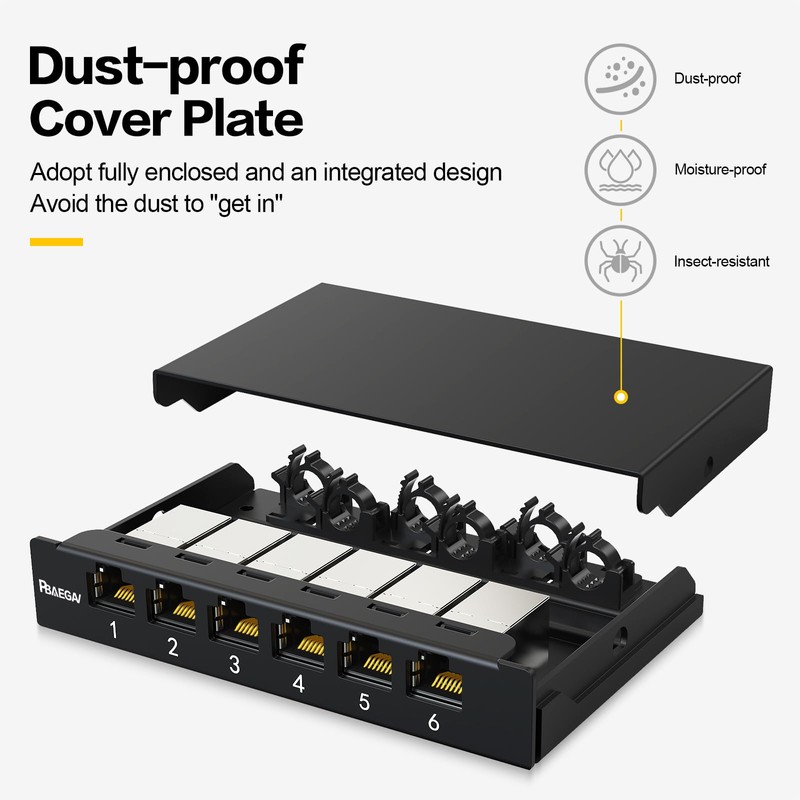 PBAEGAV Patch Panel 6 Port 0.5U with 6pcs CAT7 Coupler