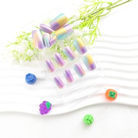 Medium Press on Nails Square Fake Nails with Purple Blue Yellow Gradient Design Nails Press ons Acrylic Full Cover False Nails Glossy Artificial Stick on Nails for Women 24Pcs