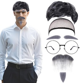 Rthjsfj Old Man Costume Wig Set Grandpa Wig Cap Glasses Moustache and Eyebrows for 100th Day of School Accessories