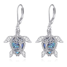Turtle Earrings 925 Sterling Silver Abalone Shell Sea Turtle Dangle Earrings Tree of Life Jewelry Present for Women