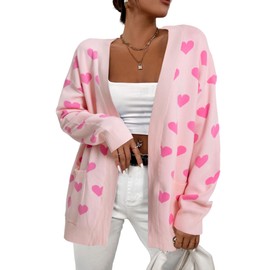 Heart Cardigan Sweater for Women Oversized Valentine Cardigan Cute Love Print Open Front Knit Sweaters Coat with Pockets Pink