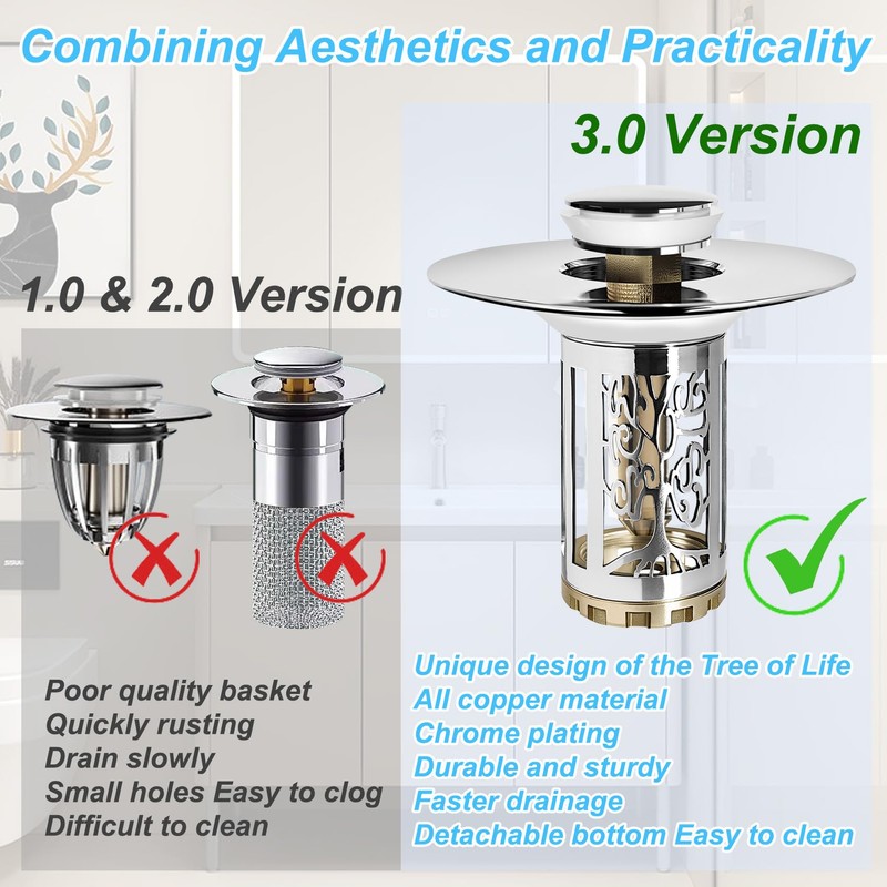 BAOLSLS Bathroom Sink Stopper, Sink Drain Strainer with Pop Up
