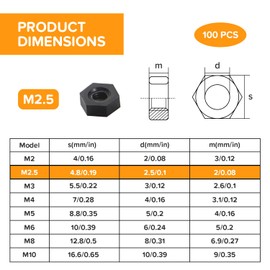 Lyeteung 100 Pieces M2.5 Hexagonal Full Nuts Metric, Nylon Hex Nuts, Plastic Hex Nuts, Black