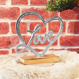 com-four® Premium Decorative Stand Heart - Metal Heart with Lettering on Mango Wood Base - Decorative Heart Made of Metal for Standing and Gifting (01 Pieces - Love 20 cm)