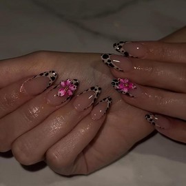 Buy 10 Get 10 Free! [Machine-Made] 24pcs Press-On Nails with Rhinestones & Flowers – French Style Glue-On Nails for Women & Girls:_027