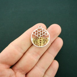 Unbranded 4 Bee Pendant Charms Antique Silver and Gold Tone Honeycomb Open Design - SC6443