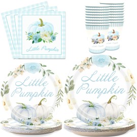 Aukolass Pumpkin Party Supplies Tableware Set - Fall Theme Party Decorations Including Plates, Napkins and Cups for Pumpkin Birthday and Baby Shower Party, Serves 24 Guests (blue)