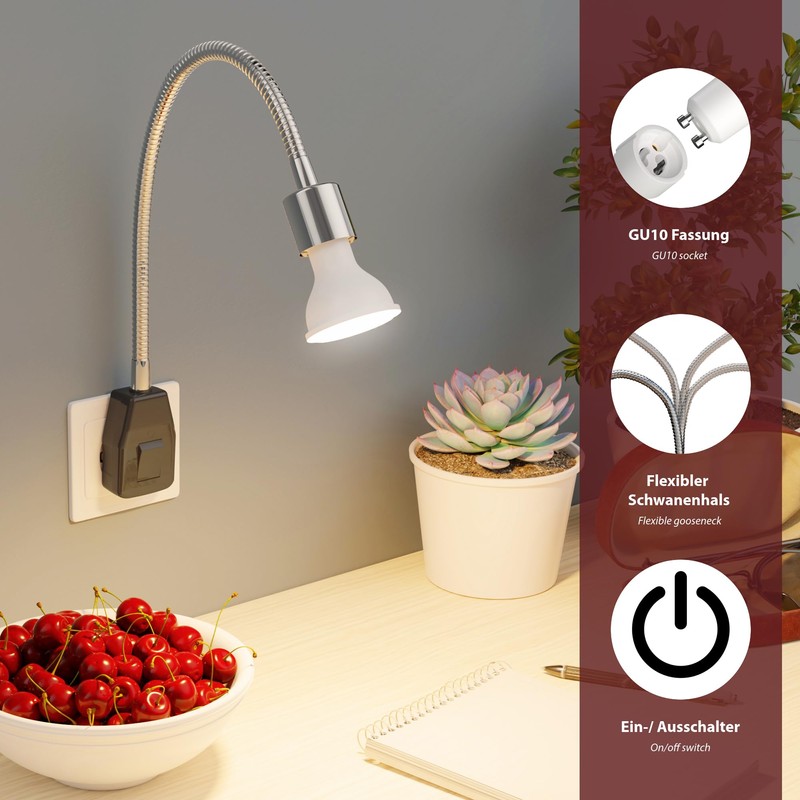ledscom.de LESCH Socket Lamp Gooseneck Switch Chrome / Black +