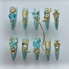 Luxury Press on Nails Long Almond Handmade 3D Unique Reusable ABS Material Fake Nails Light Blue Gothic False Nails with Designs Rhinestones Charms Glitter Glossy Glue on Thick Acrylic Nails(M)