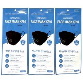 HAENAON 3 Pack Mask Protects Ultra-Fine Dust & Infection KF94 Black, Made in Korea