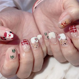 24Pcs Christmas Nails Press on Nails Short Square Cute Xmas Fake Nails Santa Claus Snowflake Design Acrylic Nails Supply Christmas Buffalo Plaid False Nails Stick on Nails for Women Girls DIY Manicure