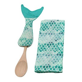 Design Engineering DEI Mermaid Tail Dishtowel, Pan Handle Sleeve and Wooden Spoon 3 Piece Set (Green)