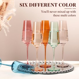 TrophyToast Colored Champagne Flutes Set of 6, Large 8 Oz【Hand Blown】 Crystal Wine Glasses, Lead-Free Colored Wine Glasses Set - Great for All Occasions and Gifts