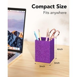 Luminzo Acrylic Desk Pen Holder, 3 x 3 x 4 In Pencil Cup, Purple Glitter