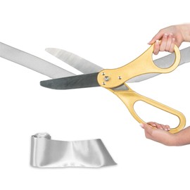 Crutello Ribbon Cutting Ceremony Kit 20" Giant Scissor Ribbons For Crafts, Sharp, Gold Handled Durable XL Giant Scissors, and 30 Feet of Oversized 4" Wide White Ribbon