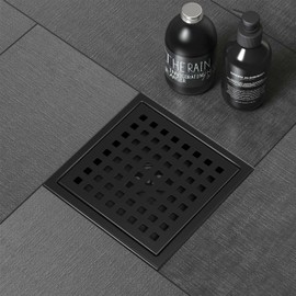 6 Inch Square Shower Floor Drain Cover Shower Strainer Matte Black Hair Catcher 304 Stainless Steel,Quadrato Pattern Grate Removable