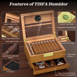 TISFA Cigar Box Handcrafted Humidor with Hygrometer and Humidifier, Cedar Wooden Humidor Case with Drawer, Divider, Cigar Length Gauge, Desktop Humidor Box Gifts Cigar Accessories (Light)