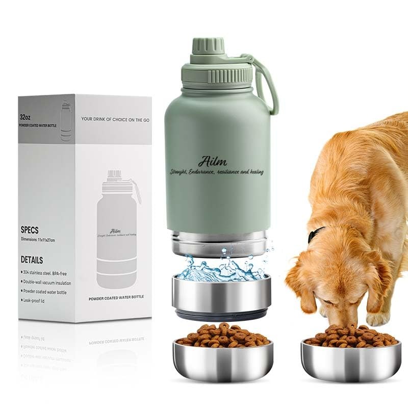 Travel Pet Feeder, 3-in-1 Food and Water Bottle Dispenser (Sage)
